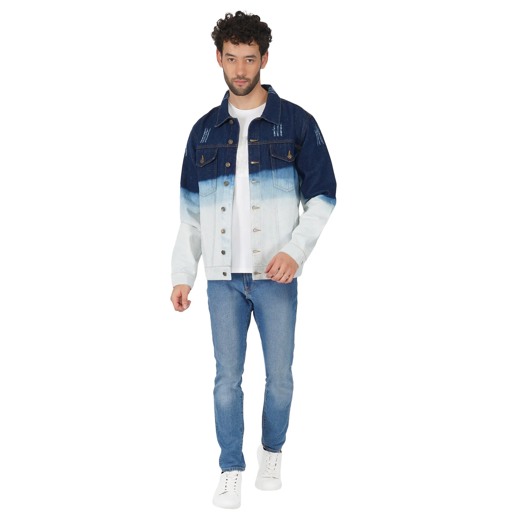 SLAY. Men's Embroidered Ombre Effect Button-Down Ripped Denim Jacket