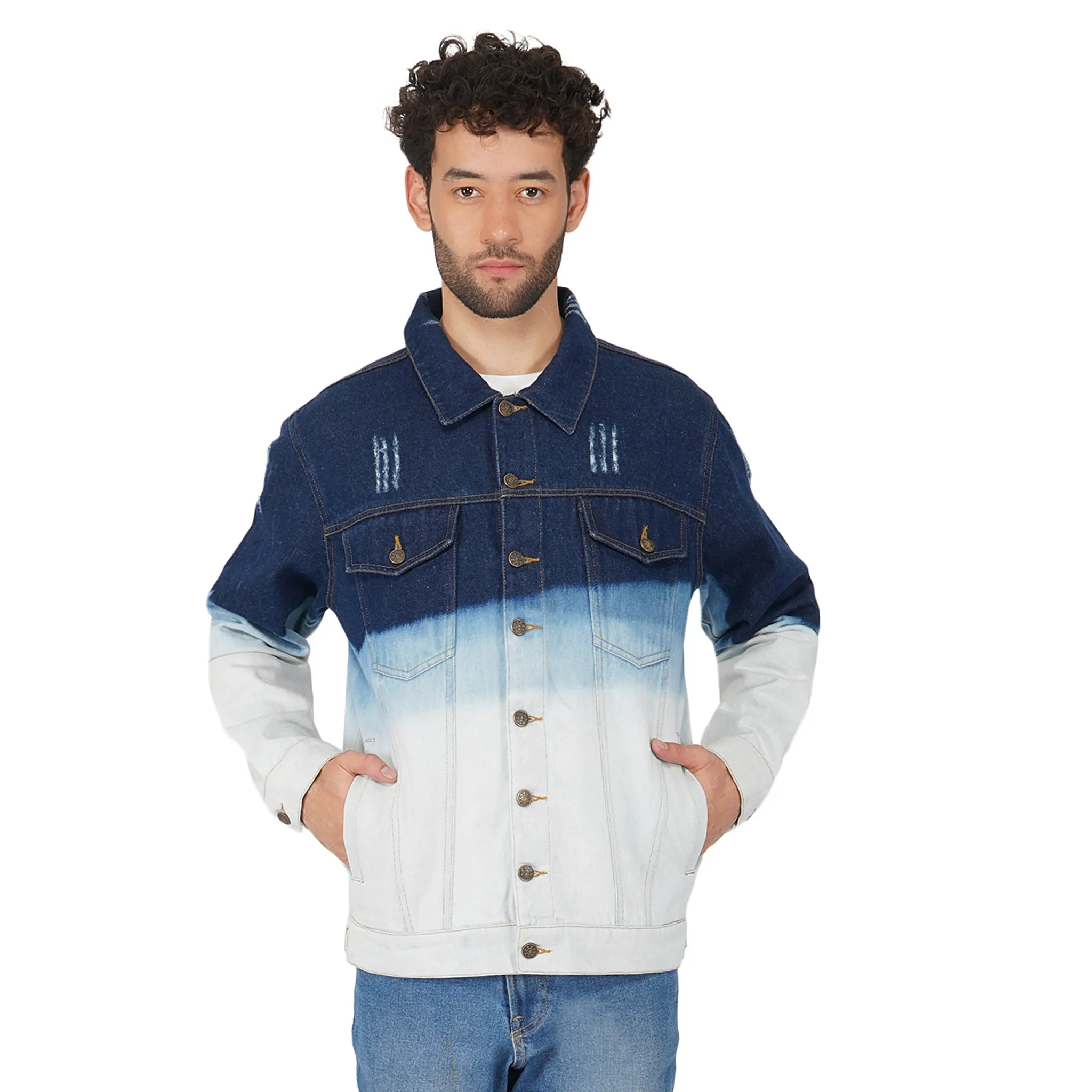 SLAY. Men's Embroidered Ombre Effect Button-Down Ripped Denim Jacket