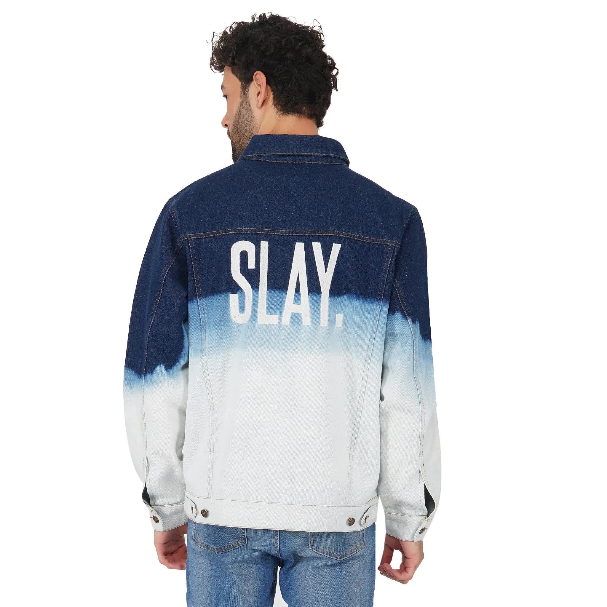 SLAY. Men's Embroidered Ombre Effect Button-Down Ripped Denim Jacket