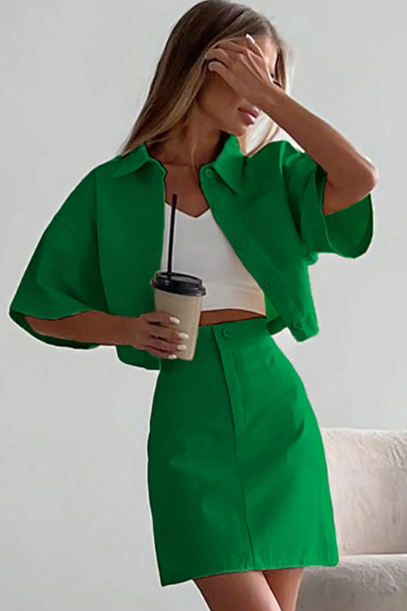 Solid Color Shirt Crop Top High Waist Skirt Suits