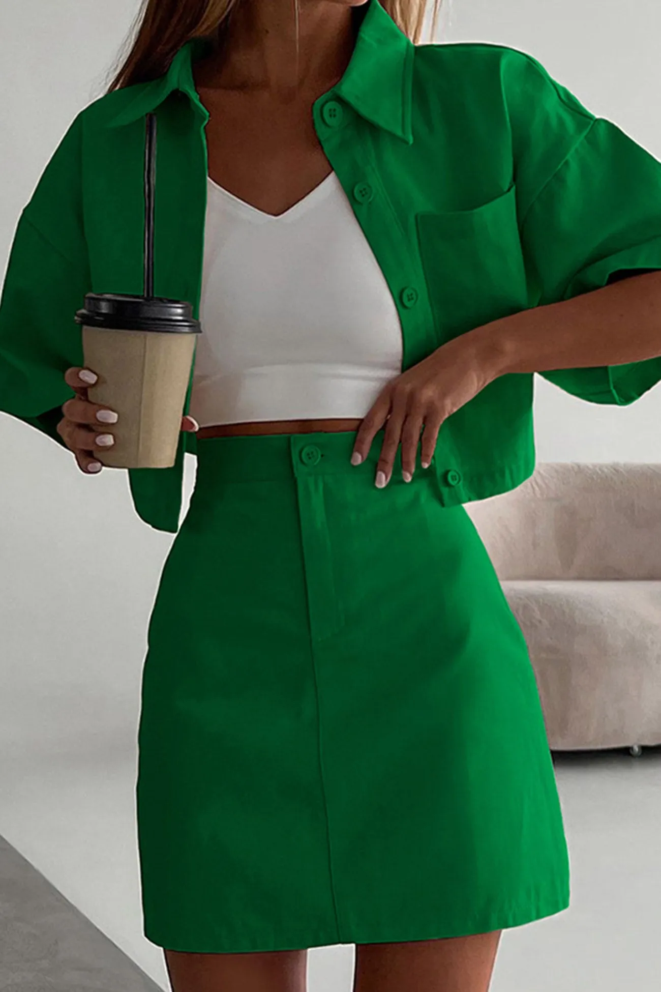 Solid Color Shirt Crop Top High Waist Skirt Suits