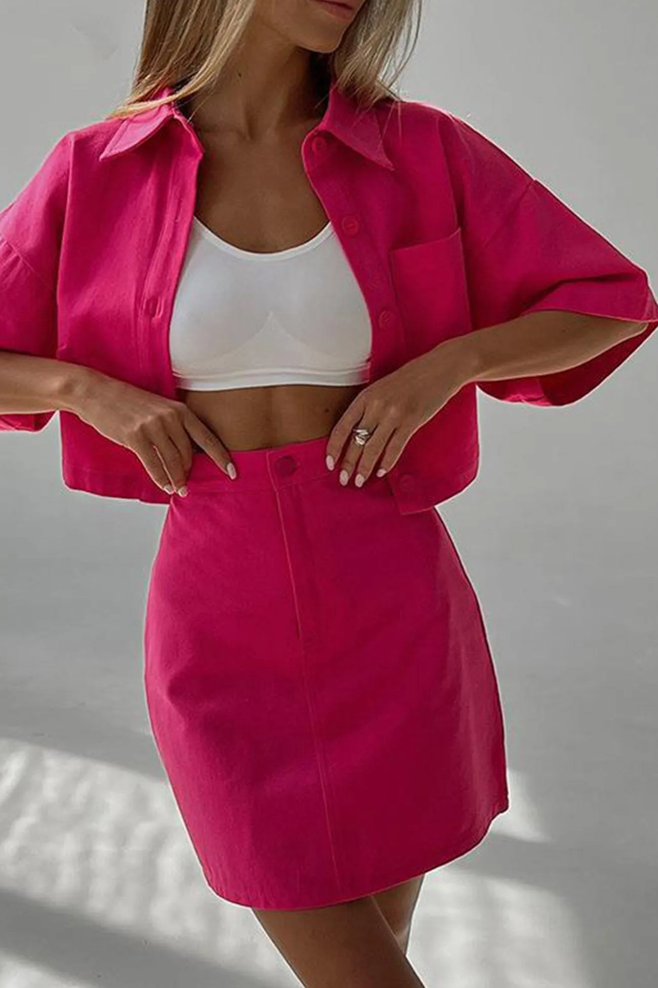 Solid Color Shirt Crop Top High Waist Skirt Suits