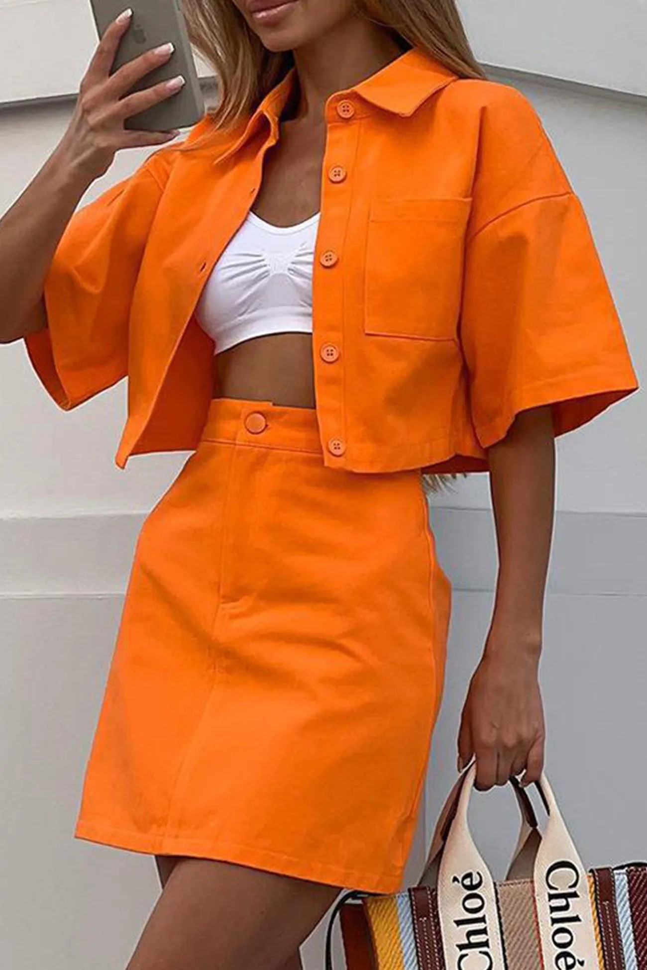 Solid Color Shirt Crop Top High Waist Skirt Suits