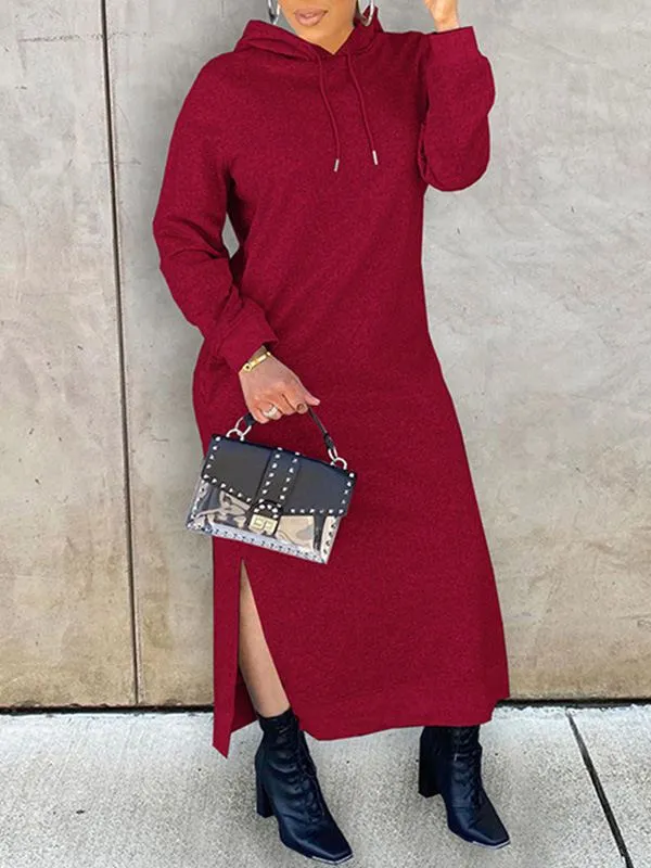 Solid Slit Hoodie Dress