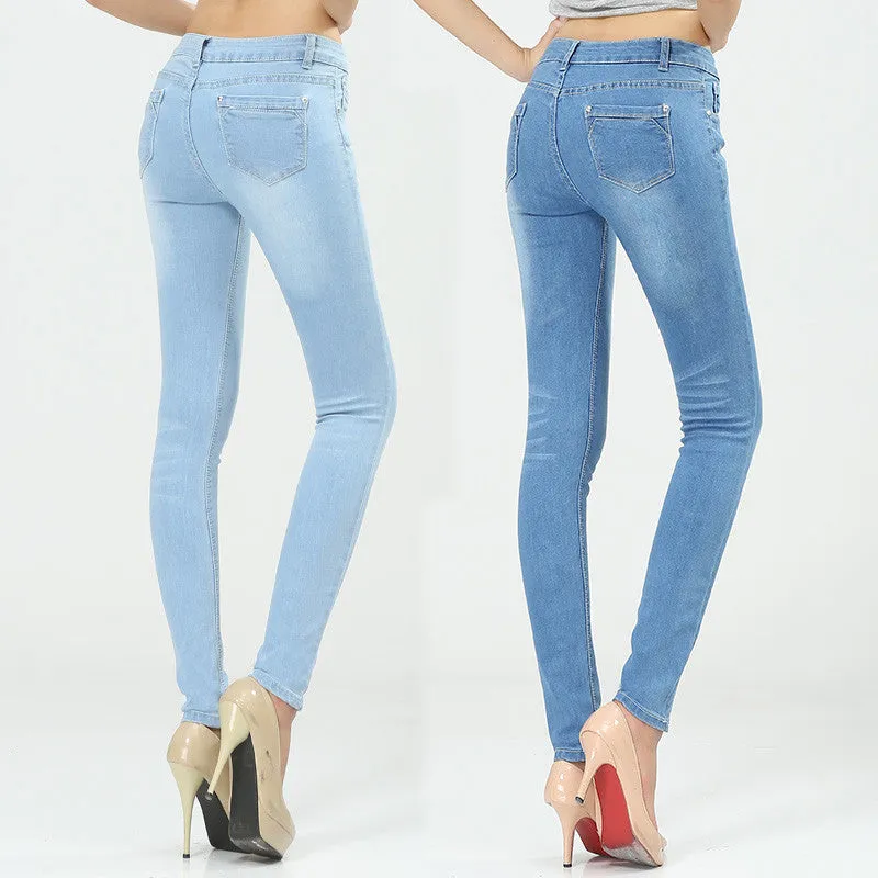 Spring And Autumn Outfit Size Women Jeans Waist Slimming Feet Pencil Blue Women Jeans  Women Long Pants