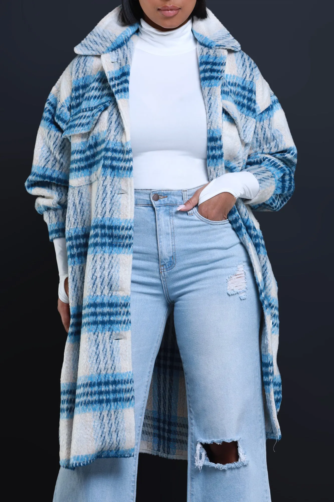 Stick With Me Oversized Flannel Coat - Blue