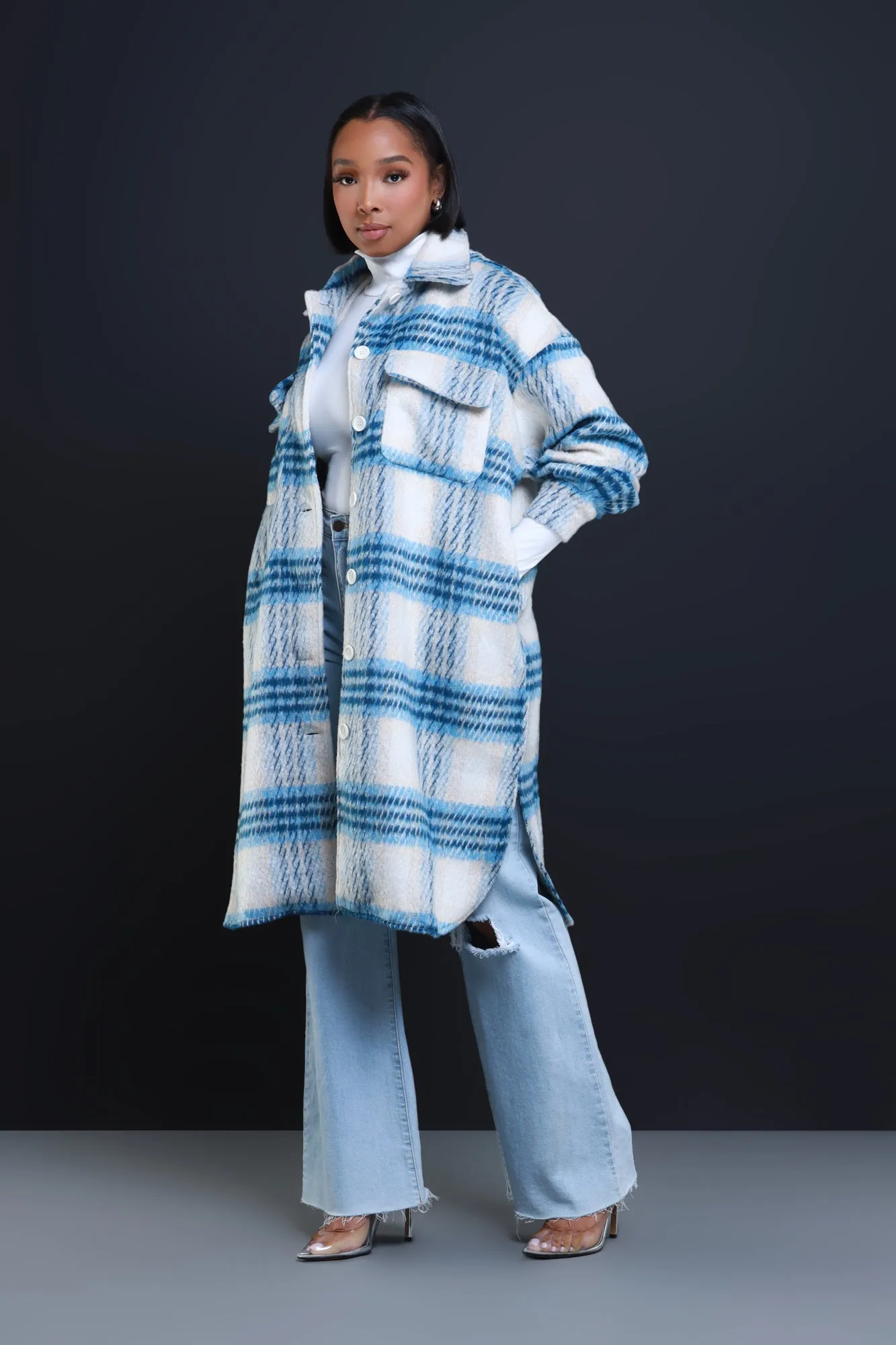 Stick With Me Oversized Flannel Coat - Blue