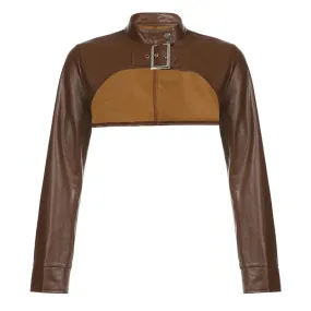 Streetwear Brown Stand Collar Leather Jacket Smock Top Moto&Biker Style Autumn Coat Buckle Outwear Women's Jacket New