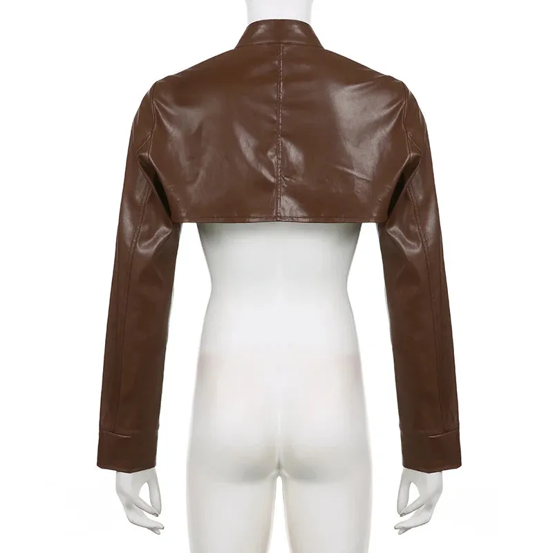 Streetwear Brown Stand Collar Leather Jacket Smock Top Moto&Biker Style Autumn Coat Buckle Outwear Women's Jacket New