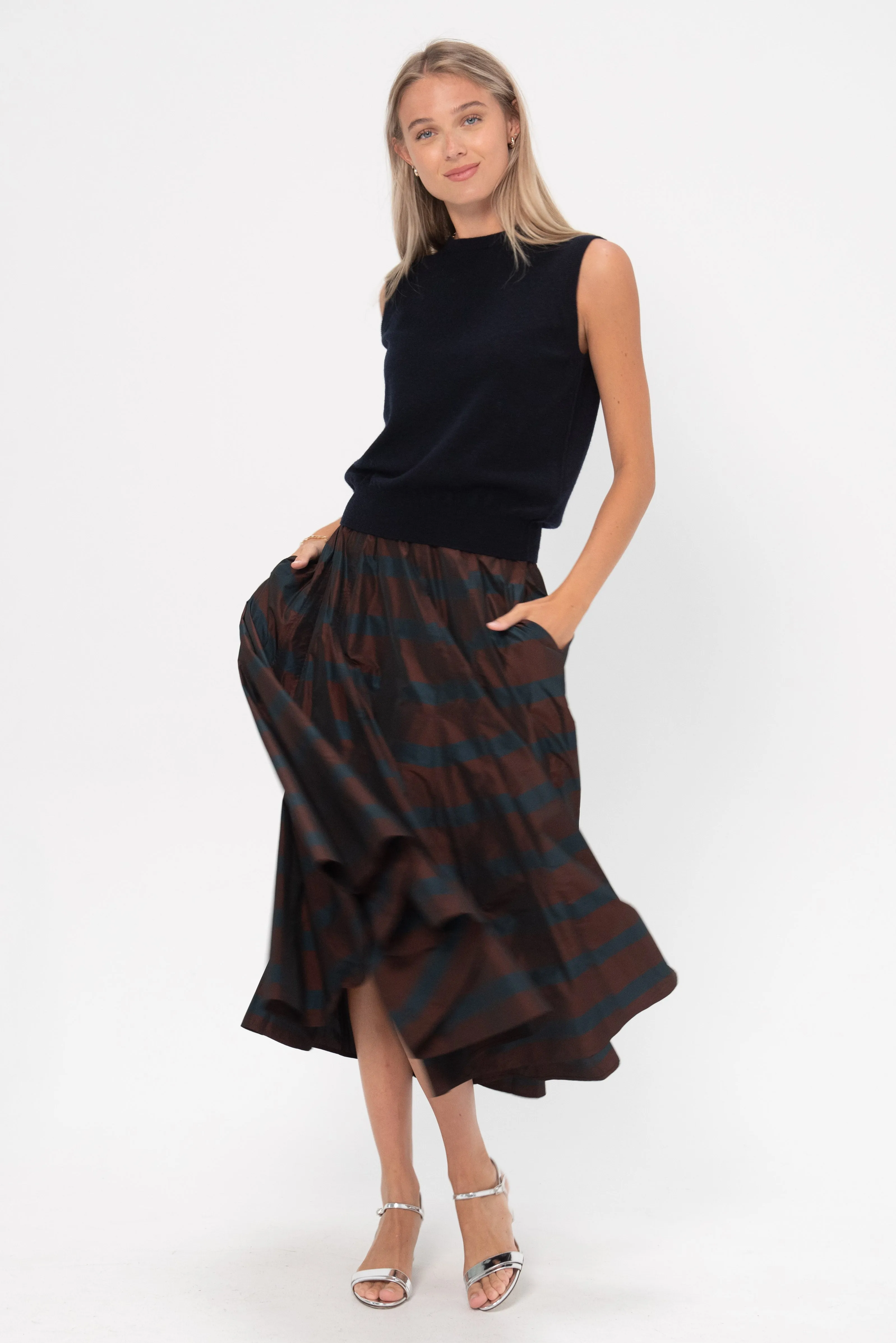 Striped Taffeta Skirt, Burgundy