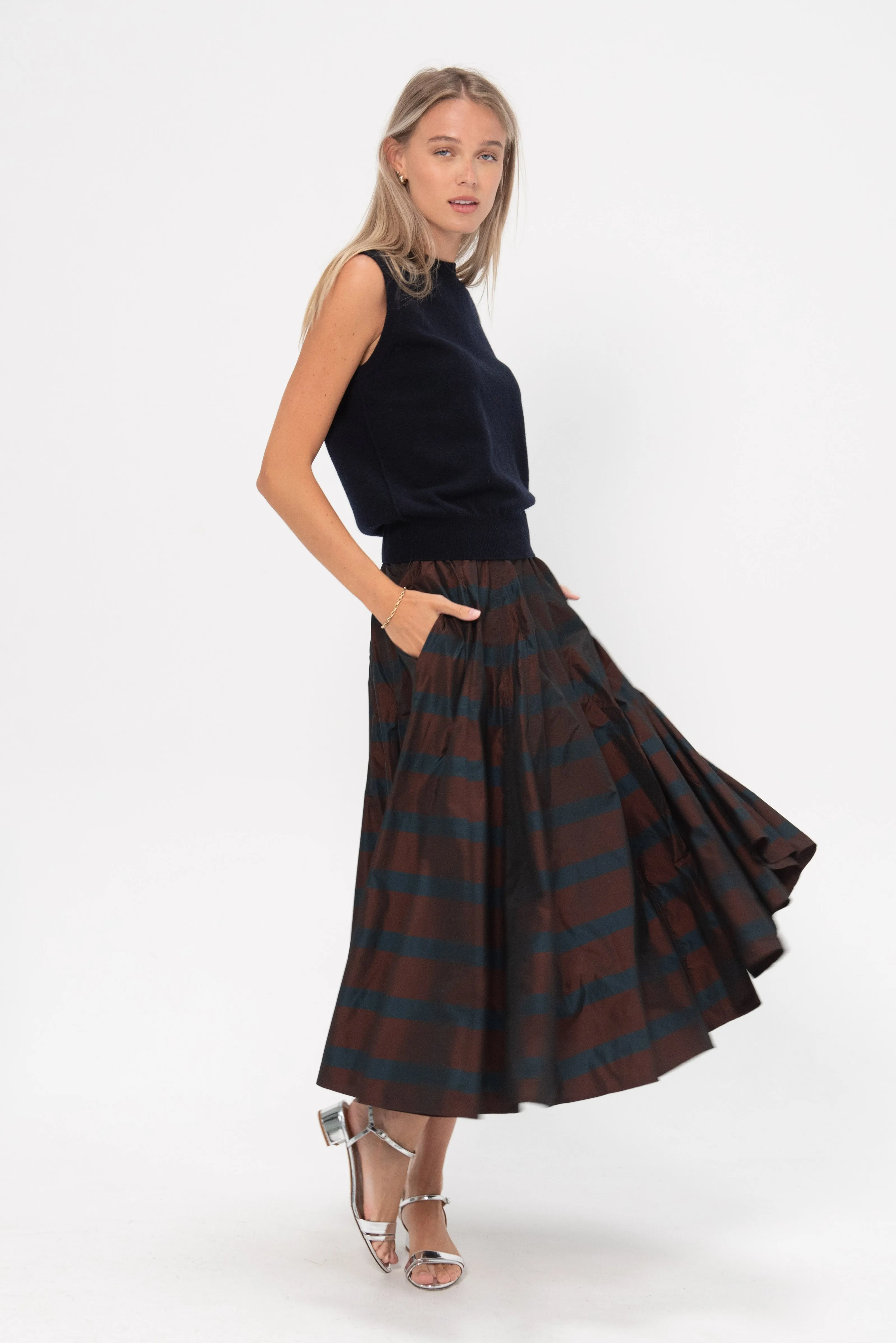 Striped Taffeta Skirt, Burgundy