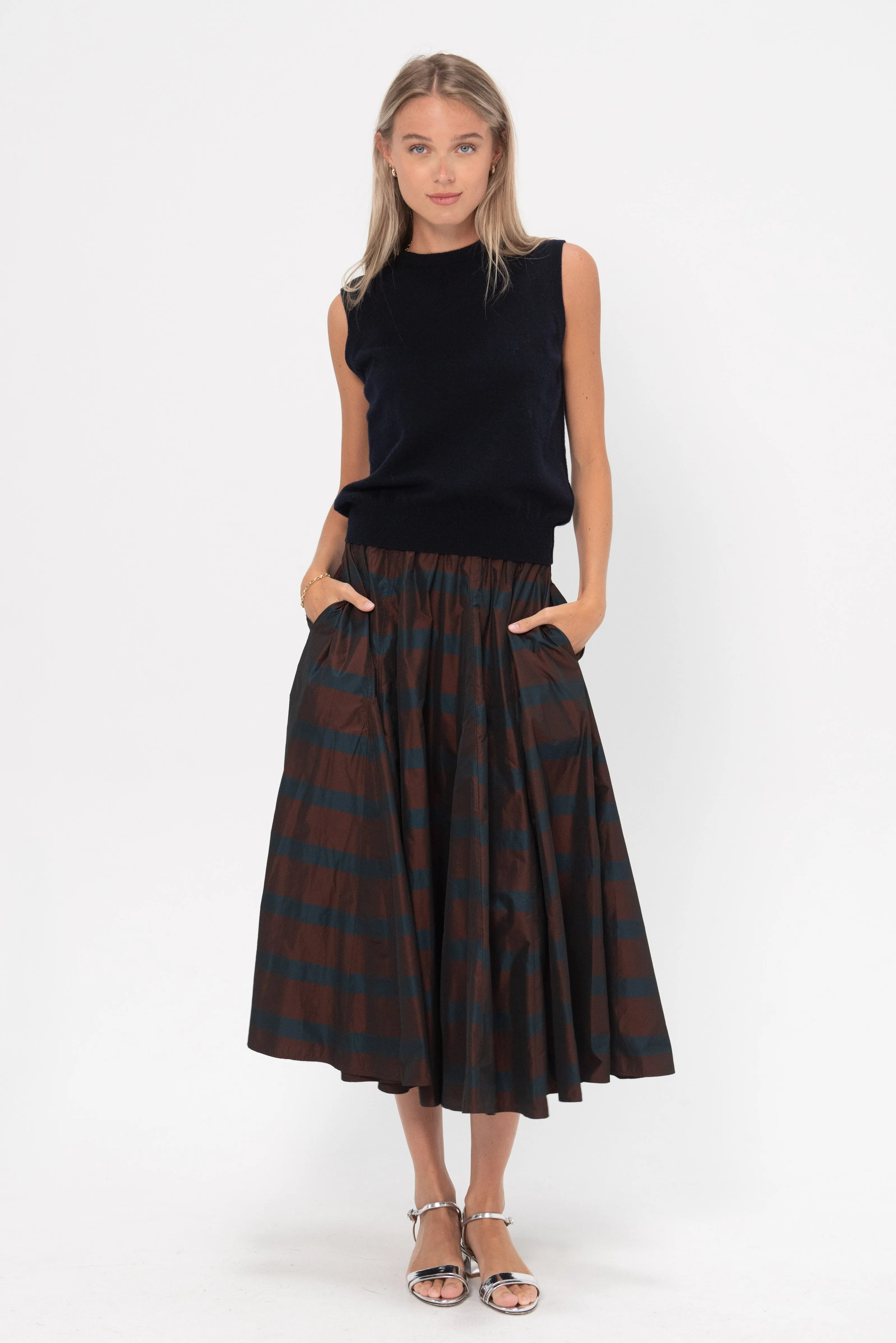 Striped Taffeta Skirt, Burgundy