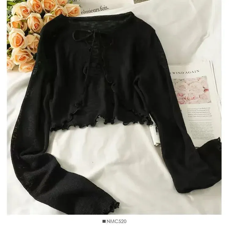 Summer Cropped Cardigan Women New Basics Slim Lace Long Sleeve Thin See Through Sweater Jacket Cover Tops 4 Colors