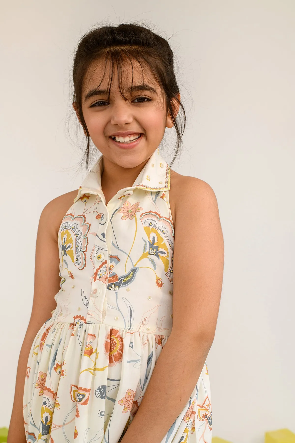 Sunset at Lisse- Floral Print with Embroidered Collar Dress For Girls