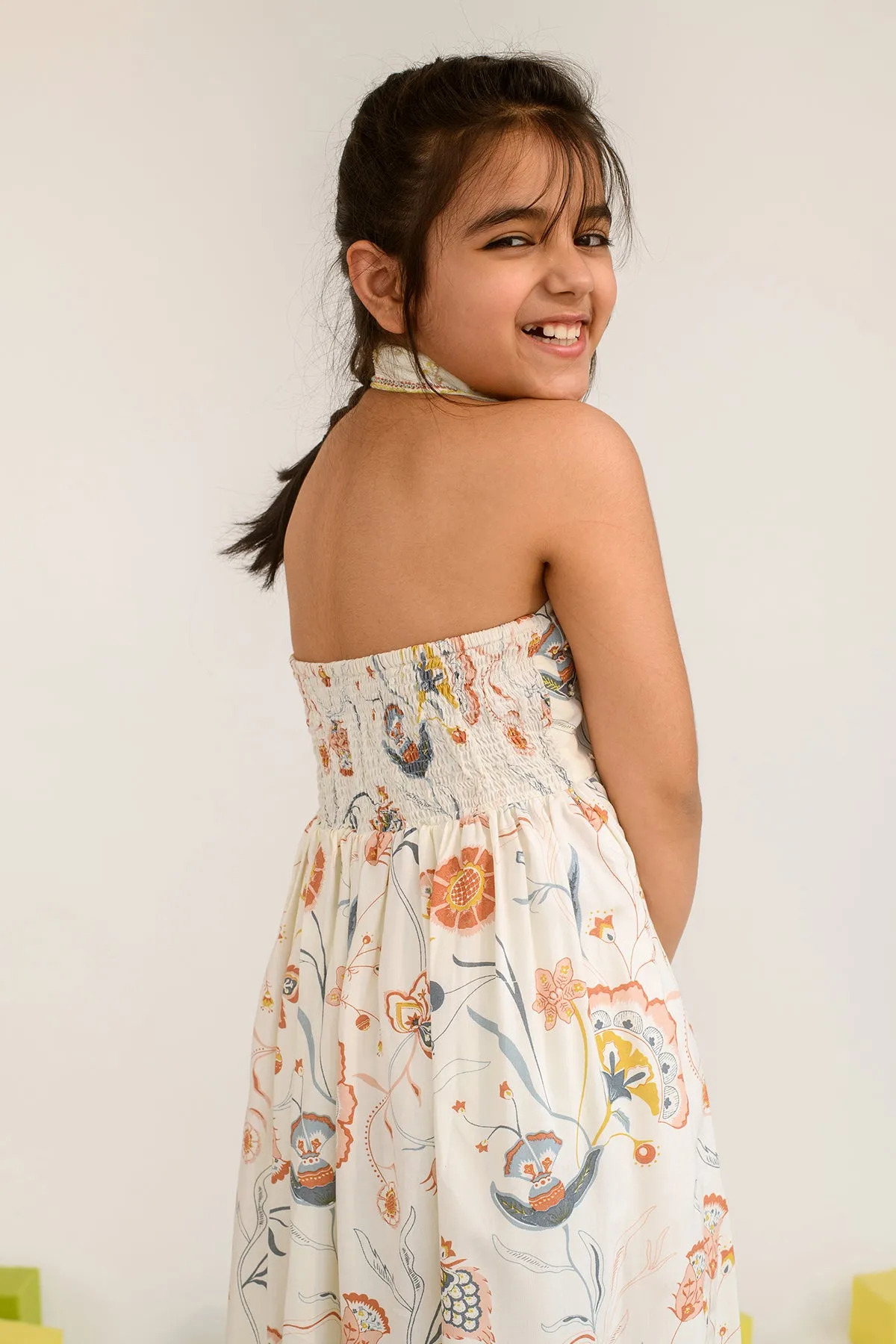 Sunset at Lisse- Floral Print with Embroidered Collar Dress For Girls