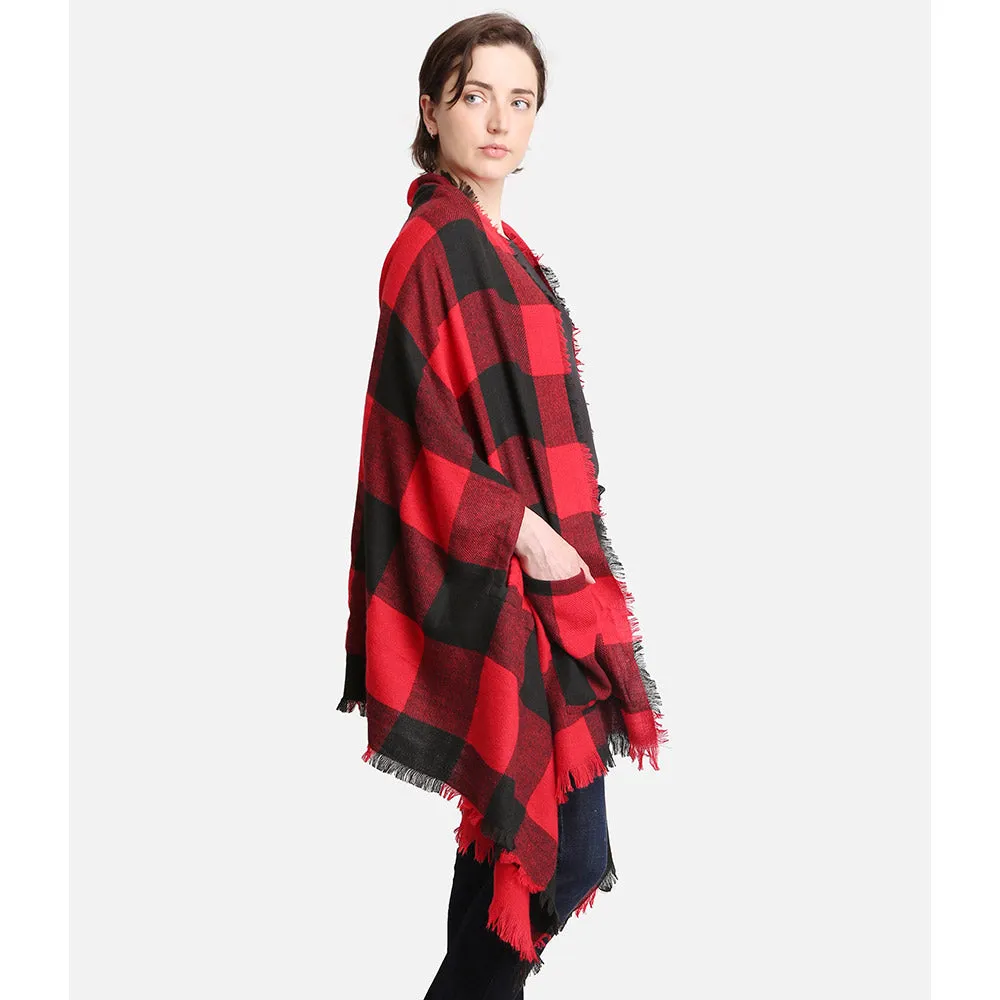 Tartan Buffalo Plaid Print Red and Black Ruana / Shawl