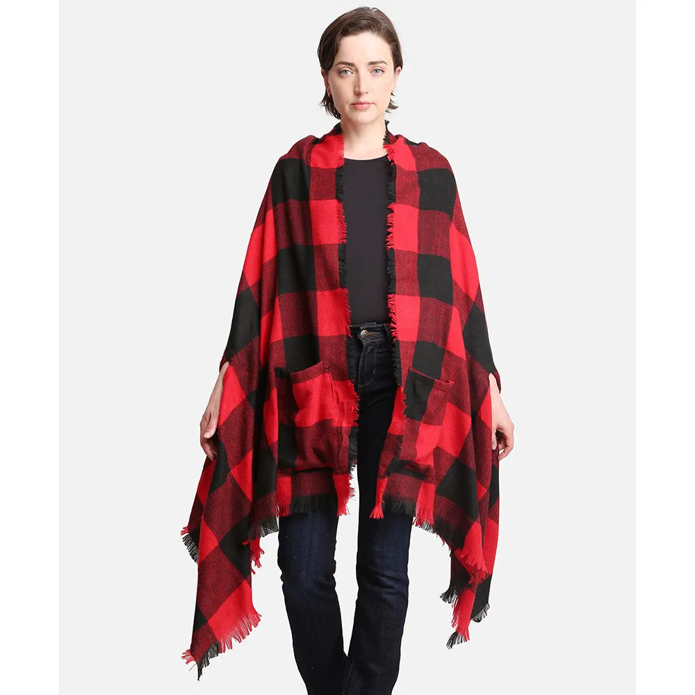 Tartan Buffalo Plaid Print Red and Black Ruana / Shawl