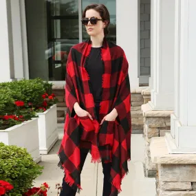 Tartan Buffalo Plaid Print Red and Black Ruana / Shawl