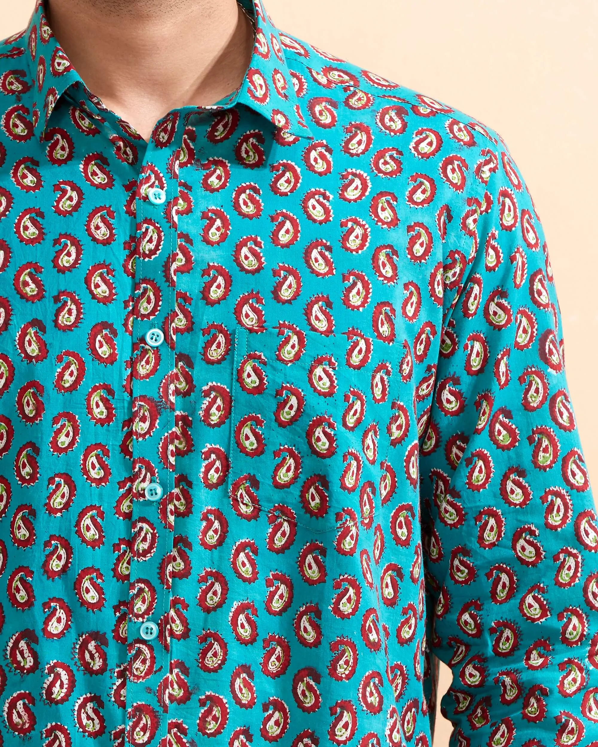 Teal Hand Block Printed Full Sleeve Cotton Shirt