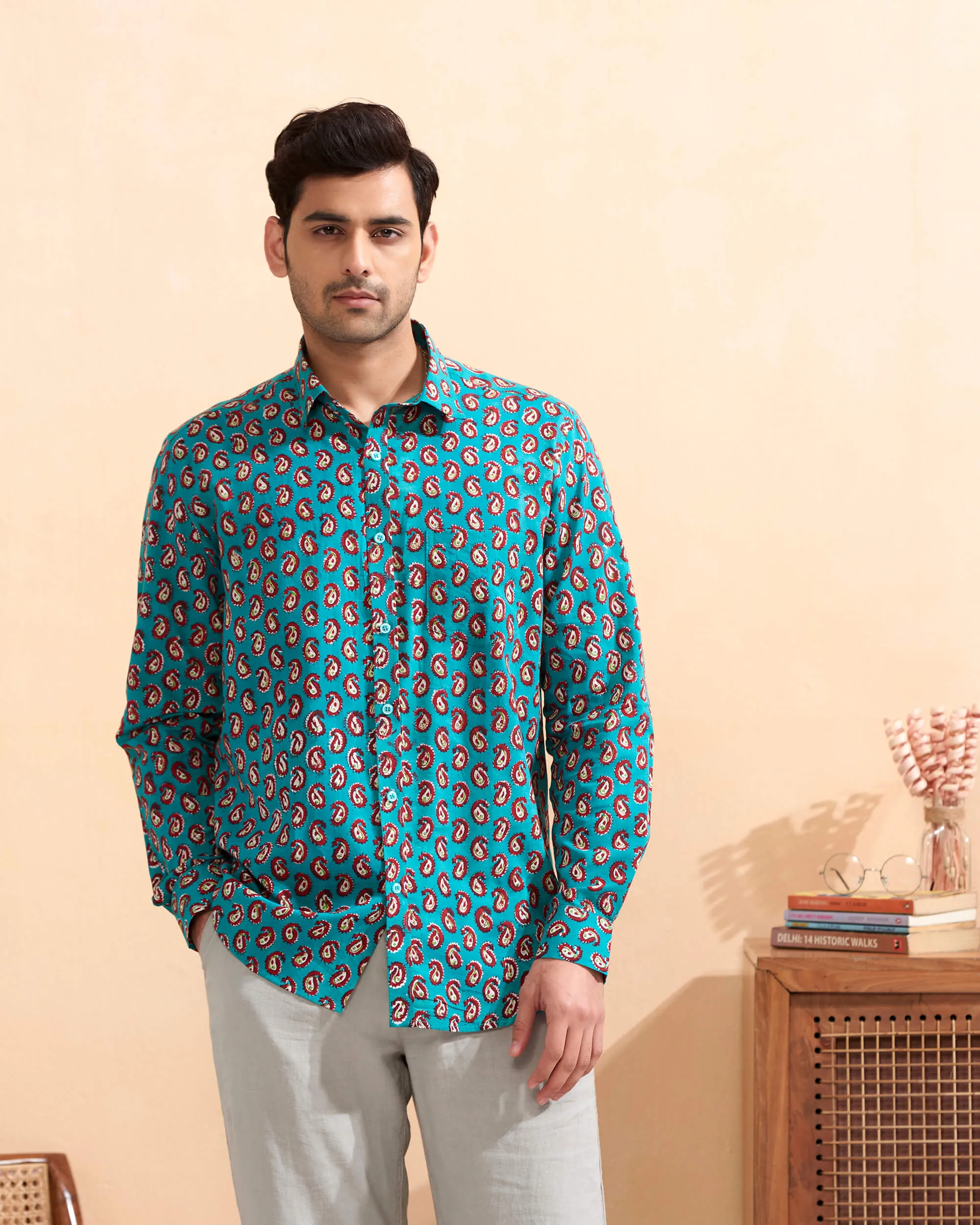 Teal Hand Block Printed Full Sleeve Cotton Shirt