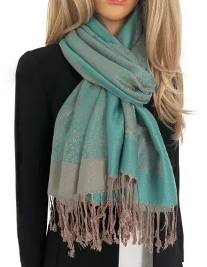 TEAL PAISLEY PRINT REVERSIBLE PASHMINA SHAWL SCARF