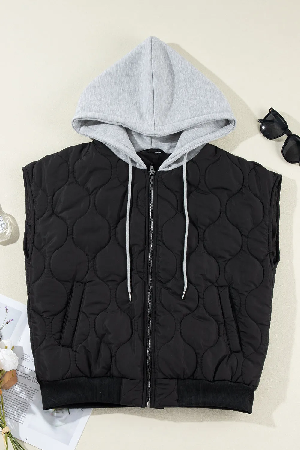 TEEK - Drawstring Zip Up Hooded Vest Coat