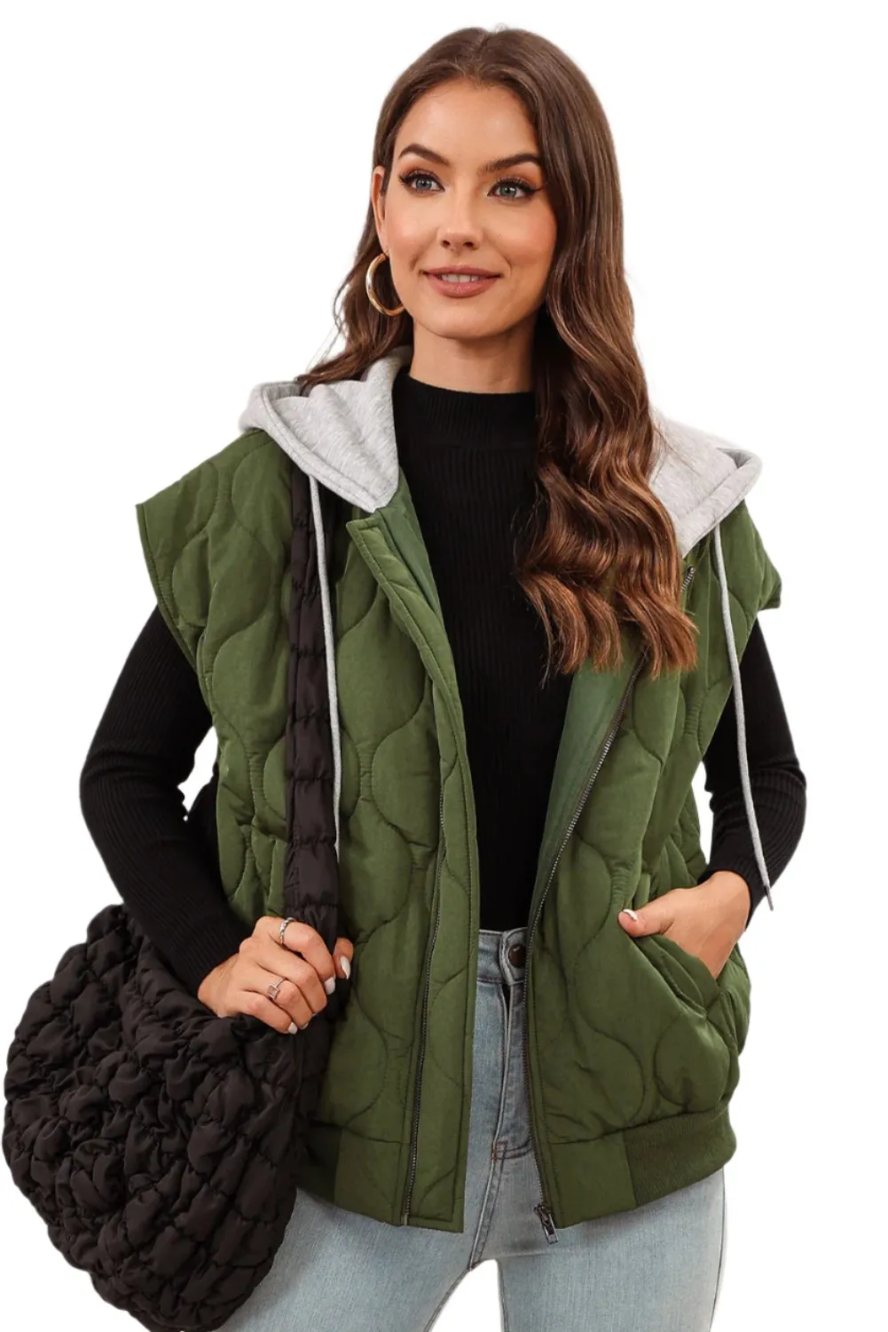 TEEK - Drawstring Zip Up Hooded Vest Coat