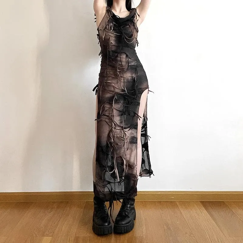 Textured tie dye slit hoodie sleeveless contrast maxi dress