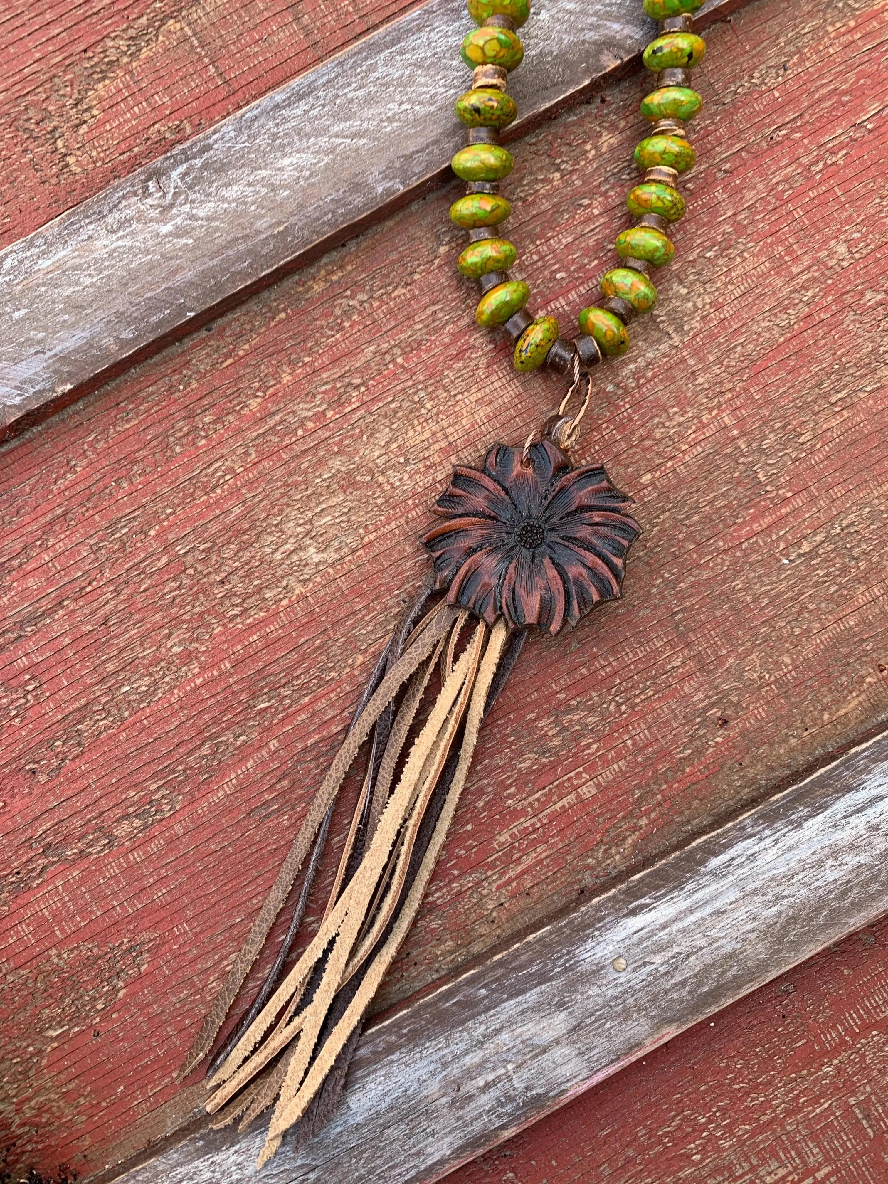 The Mabel Necklace in Green Turquoise with Hand Tooled Pendant