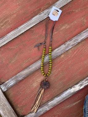 The Mabel Necklace in Green Turquoise with Hand Tooled Pendant