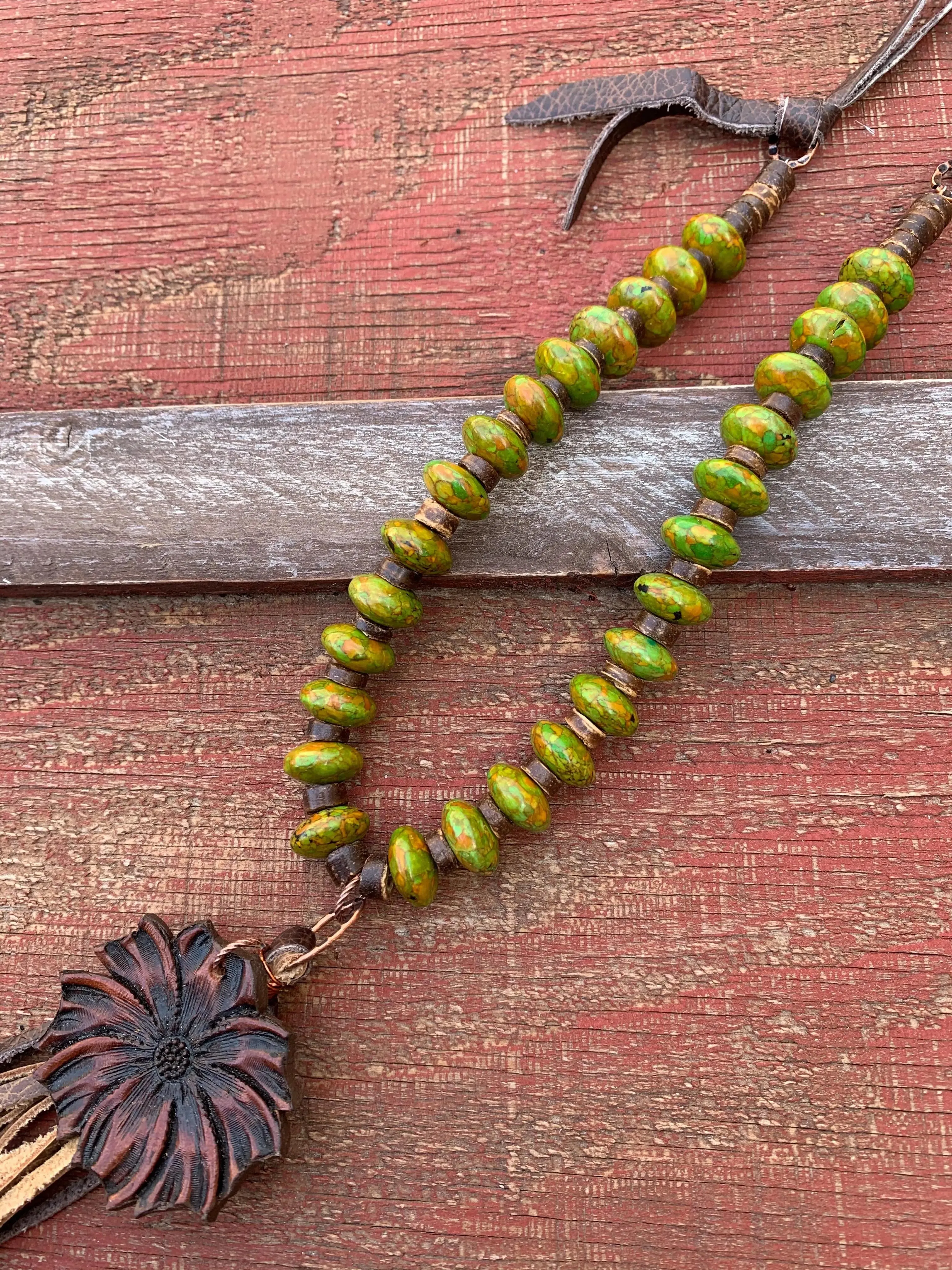 The Mabel Necklace in Green Turquoise with Hand Tooled Pendant