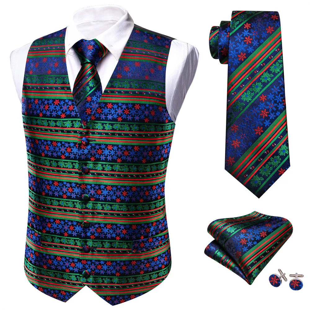 Ties2you Blue Green Red Striped Snow Christmas Vest Necktie Set