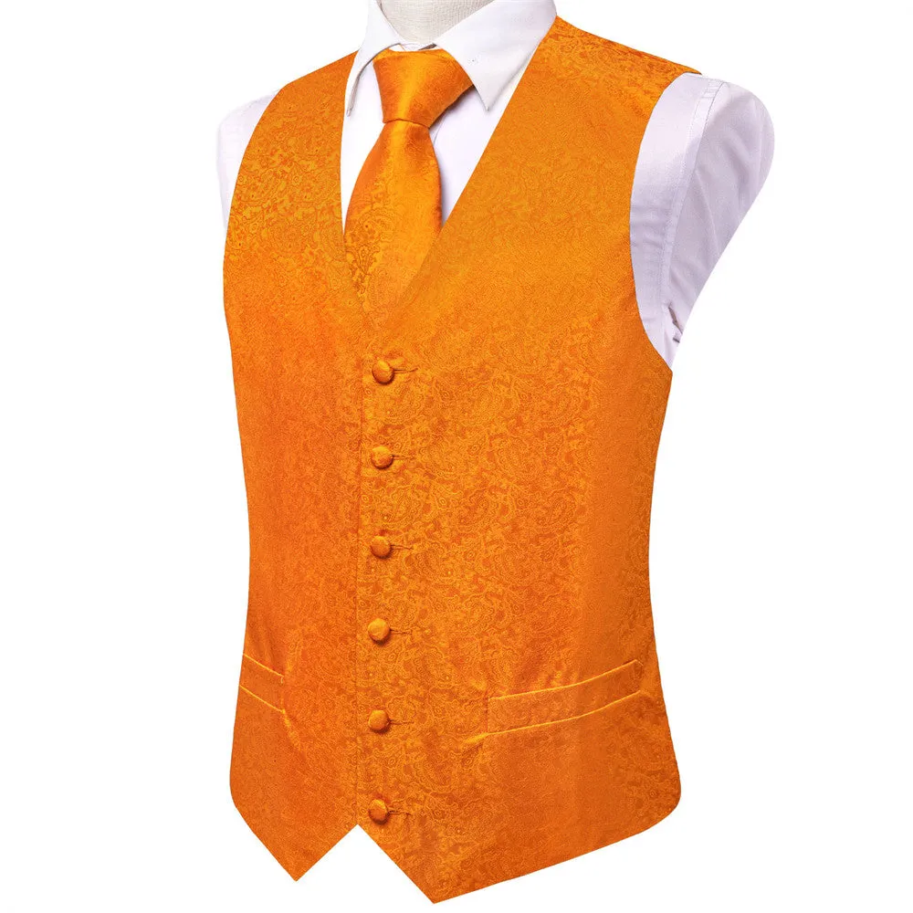 Ties2you Pure Orange Floral Pattern V-Neck Silk Vest Necktie Set