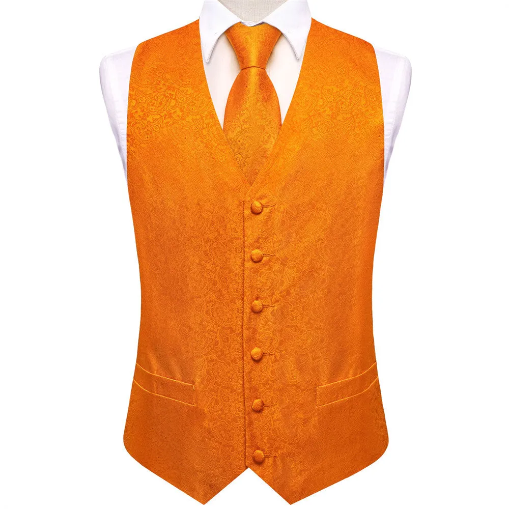 Ties2you Pure Orange Floral Pattern V-Neck Silk Vest Necktie Set