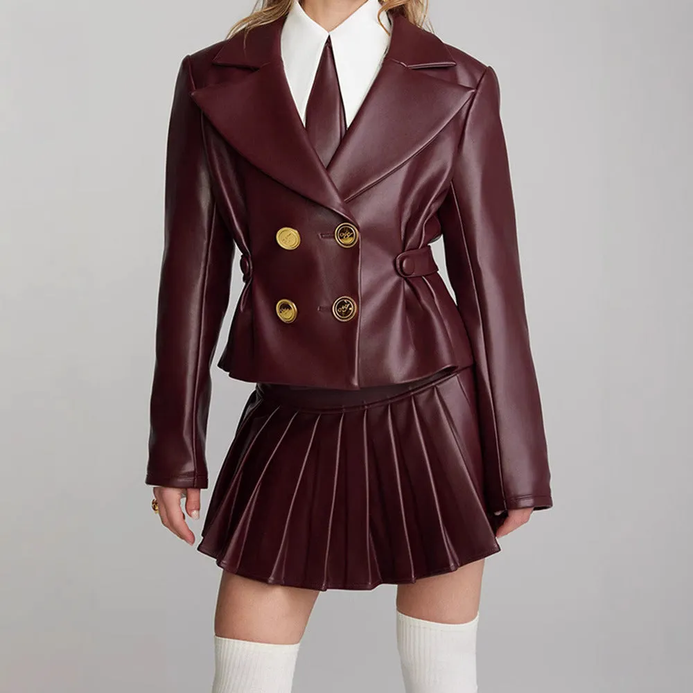 Toleet leapord winter outfit 2024 Spring and Autumn Sexy Wine Red Short Jacket Pleated Skirt Suit Suit Collar Sweet and Spicy Style