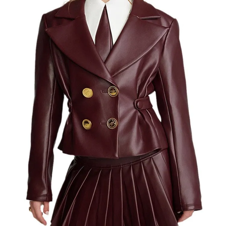 Toleet leapord winter outfit 2024 Spring and Autumn Sexy Wine Red Short Jacket Pleated Skirt Suit Suit Collar Sweet and Spicy Style