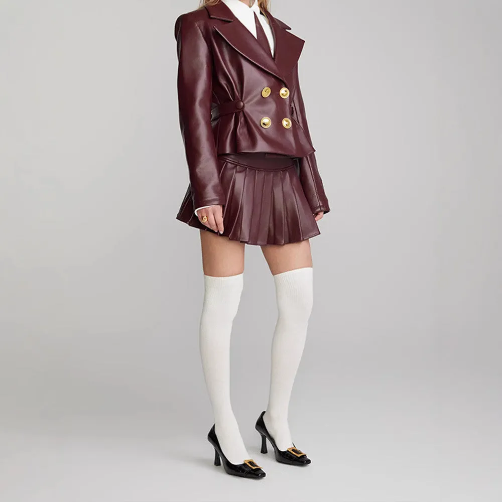 Toleet leapord winter outfit 2024 Spring and Autumn Sexy Wine Red Short Jacket Pleated Skirt Suit Suit Collar Sweet and Spicy Style