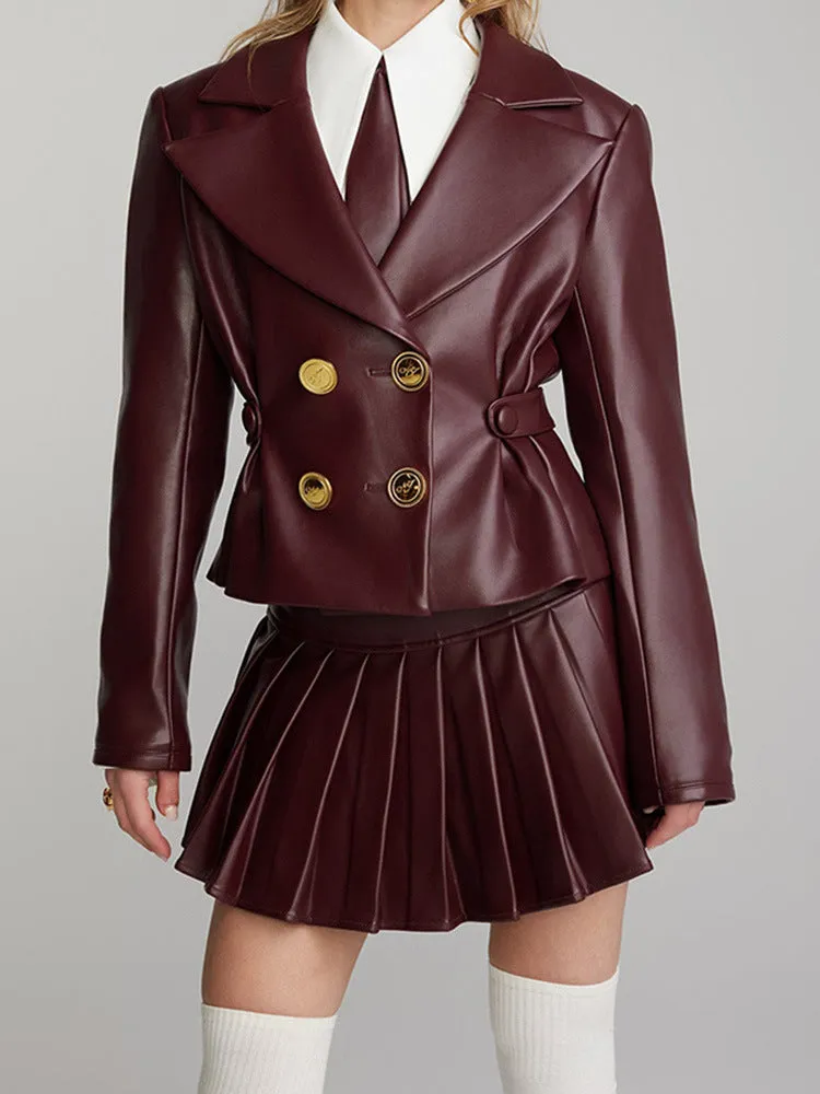 Toleet leapord winter outfit 2024 Spring and Autumn Sexy Wine Red Short Jacket Pleated Skirt Suit Suit Collar Sweet and Spicy Style