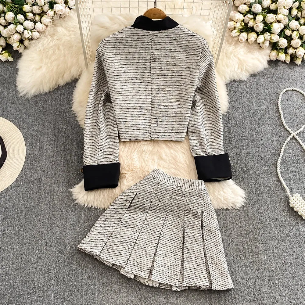 Toleet-Winter Outfits Christmas Black Friday Autumn Winter Two Piece Skirt Set Long Sleeve Woolen Jacket Tweed A Line Skirt Mini two-piece high waisted A-line pleated skirt