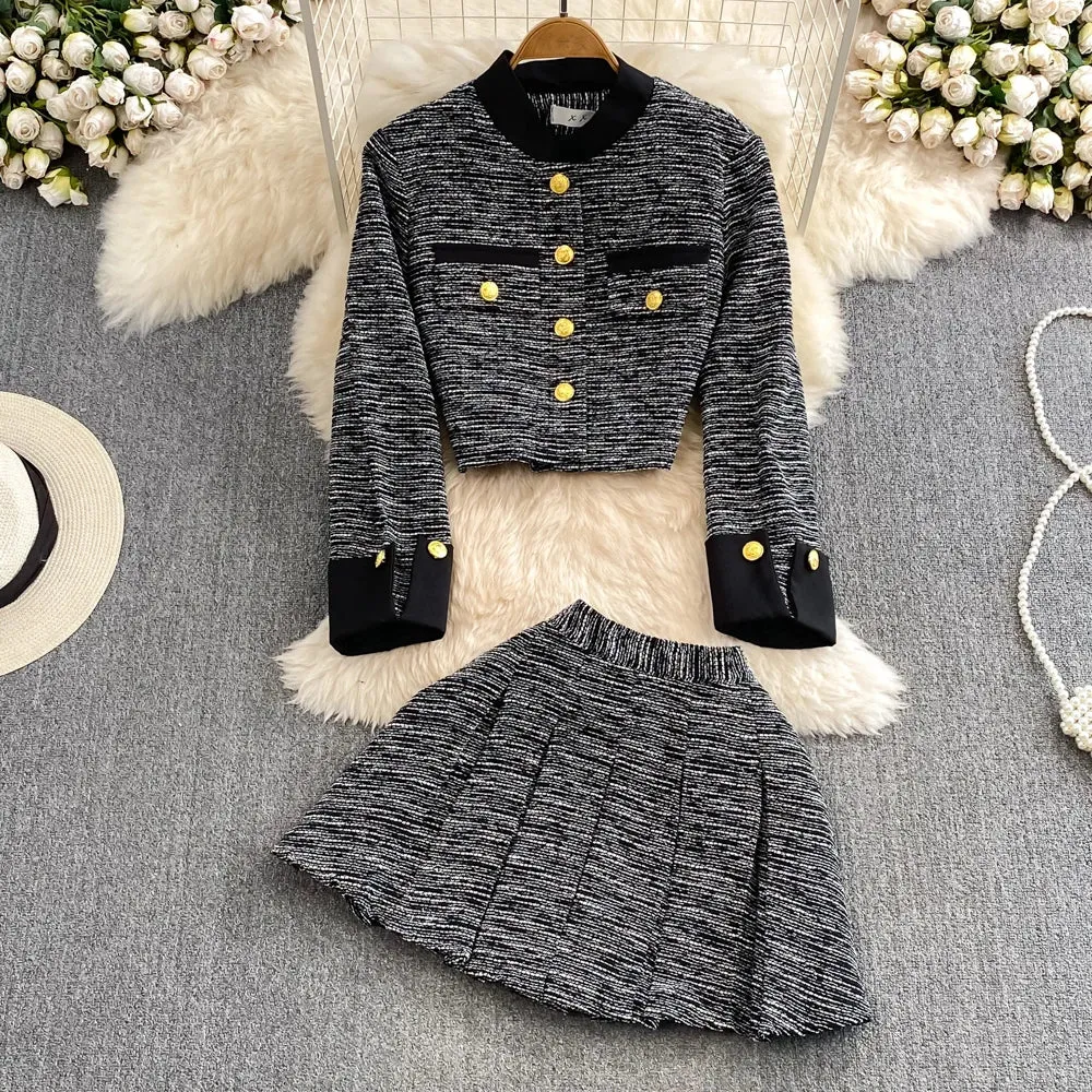 Toleet-Winter Outfits Christmas Black Friday Autumn Winter Two Piece Skirt Set Long Sleeve Woolen Jacket Tweed A Line Skirt Mini two-piece high waisted A-line pleated skirt