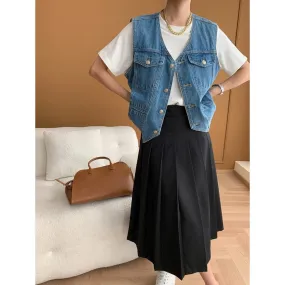 Tone Folding Fashionable Washed Blue Denim Vest Coat Cotton Early Autumn