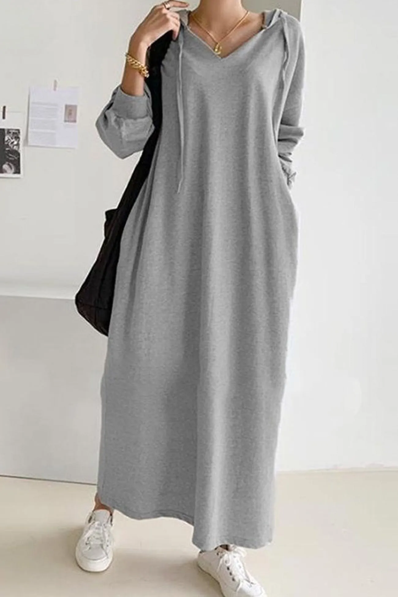 V Neck Drawstring Hooded Dress