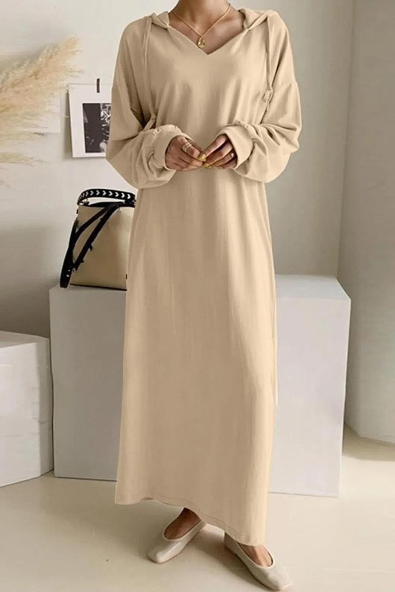 V Neck Drawstring Hooded Dress