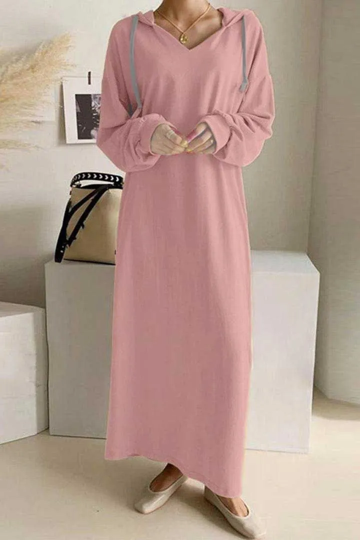 V Neck Drawstring Hooded Dress