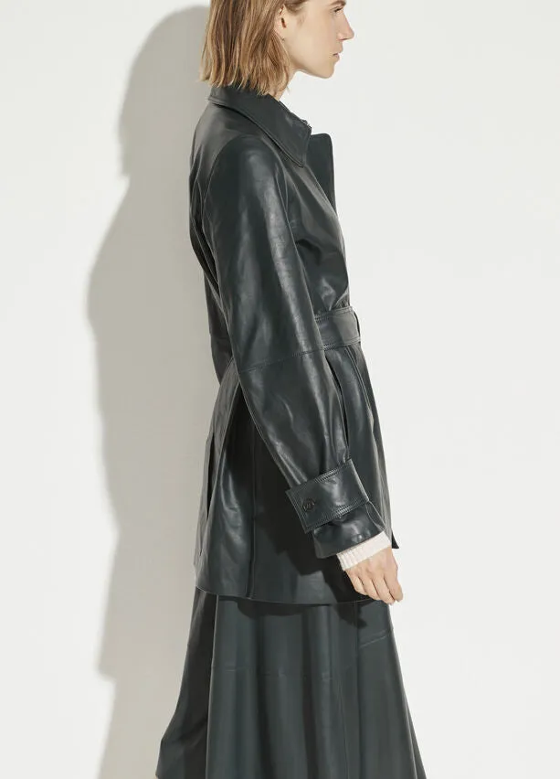 Vince - Leather Trench Coat in Dark Watercress