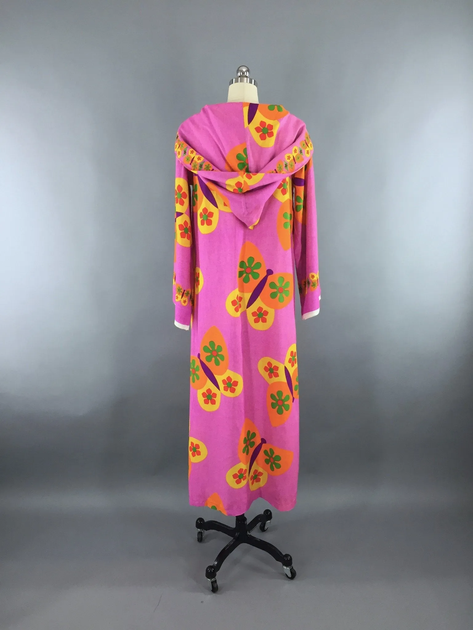 Vintage 1960s Caftan Dress / Hoodie Swim Coverup / Mod Neon Pink Butterfly Novelty Print