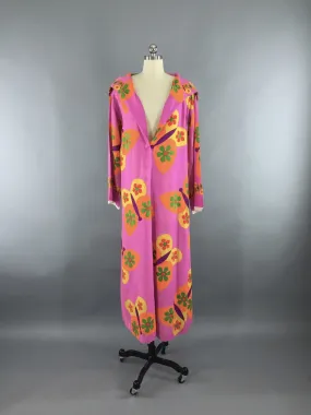 Vintage 1960s Caftan Dress / Hoodie Swim Coverup / Mod Neon Pink Butterfly Novelty Print