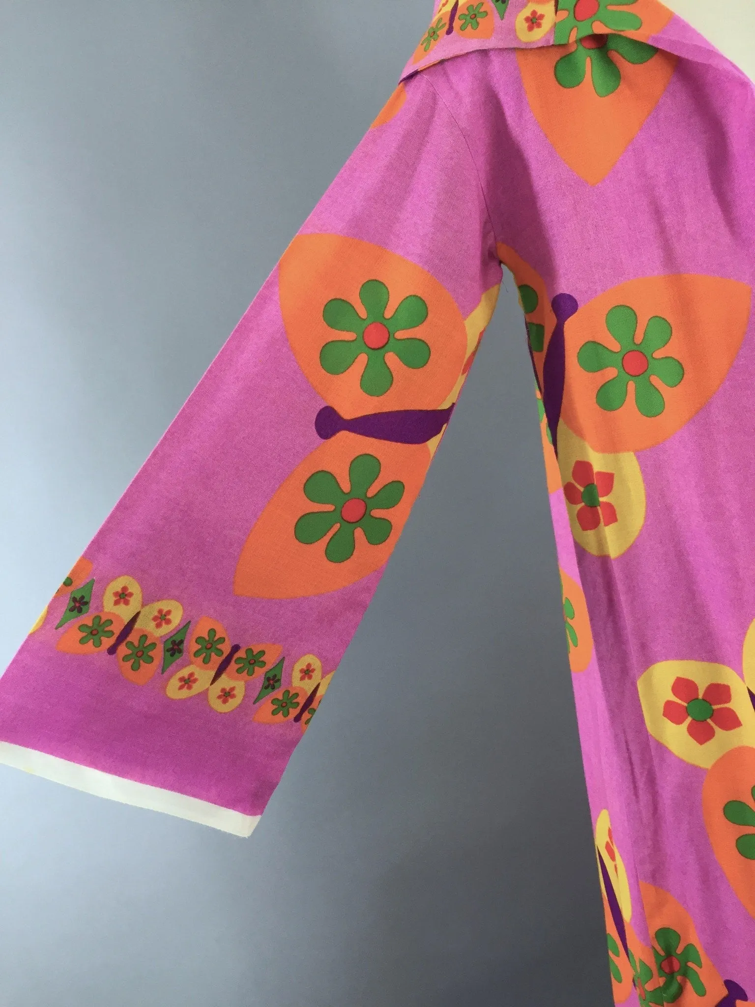 Vintage 1960s Caftan Dress / Hoodie Swim Coverup / Mod Neon Pink Butterfly Novelty Print