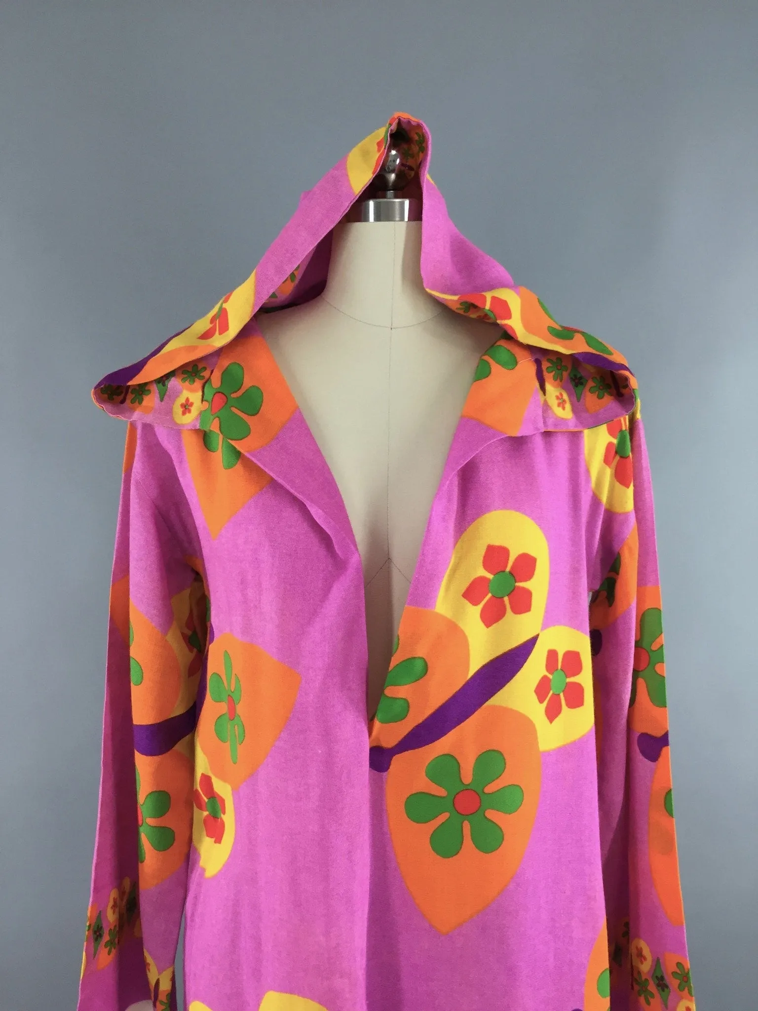 Vintage 1960s Caftan Dress / Hoodie Swim Coverup / Mod Neon Pink Butterfly Novelty Print