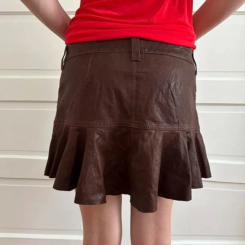 Vintage Brown Zipper Ruffles PU Leather Skirt Harajuku Clubwear Party Solid Mini Skirt Female Stitching Low Rise Chic